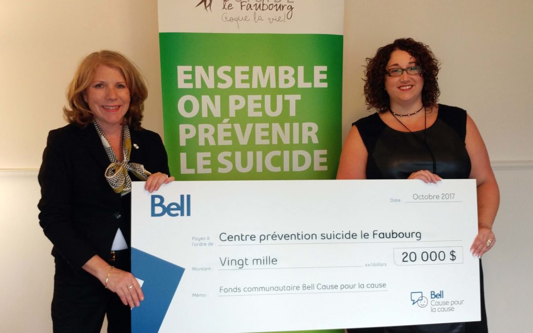 Le Fonds communautaire Bell Cause pour la cause fait un don de 20 000 $ au Centre prévention suicide le Faubourg
